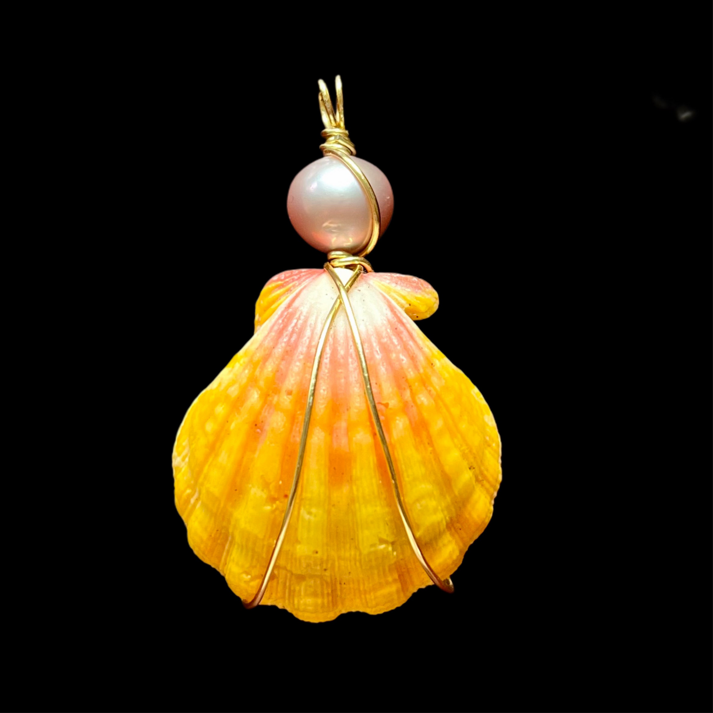 Large Sunrise Shell Yellow / Pink Edison Pink Pearl Pendant (fits on any chain)