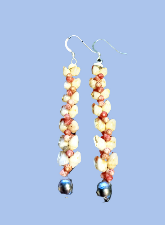 Heliconia style with Tahitian black pearls 1.5 inch Earrings